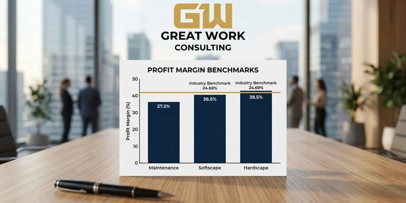 Chart comparing profit margin benchmarks across landscaping service types including maintenance installation and hardscaping categories