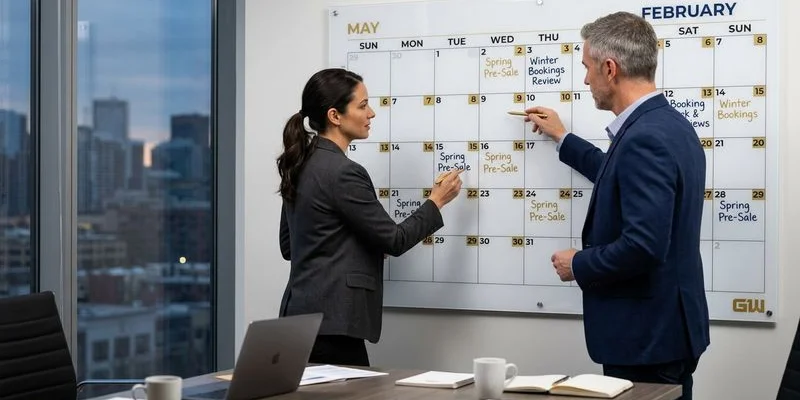 Contractor planning off-season revenue strategies with a calendar showing winter project bookings and spring pre-sales commitments