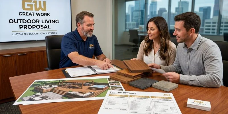 Contractor presenting a detailed outdoor living project proposal with design renderings and pricing breakdown to homeowner clients
