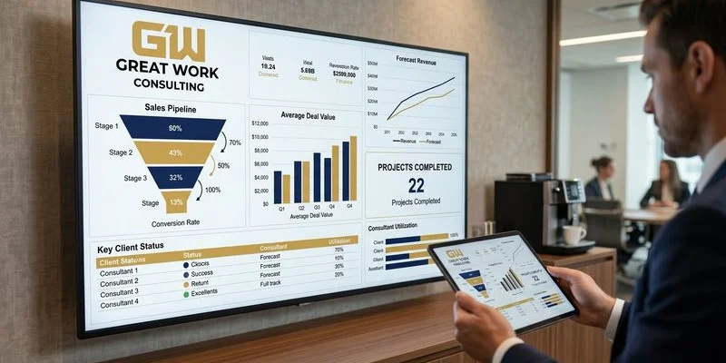 Contractor sales pipeline analytics dashboard showing stage conversion rates average deal values and monthly revenue forecast charts