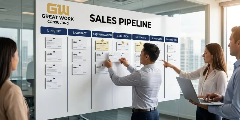 Contractor sales pipeline board with seven stages showing lead cards moving from new inquiry through qualification site visit and estimate phases