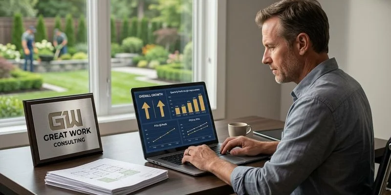 Landscaping business owner analyzing financial reports showing improved profit margins after implementing cost tracking systems