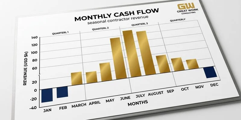 Monthly cash flow chart for seasonal contractor business showing peak revenue from April through October and deficit months in winter