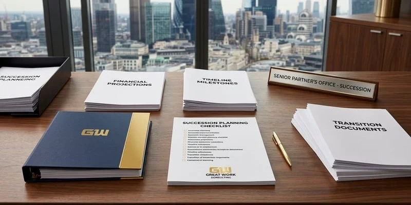 Succession planning checklist document on desk with financial projections timeline and transition milestones for contractor business exit