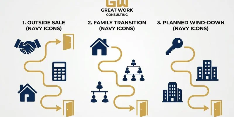 Three exit path options for contractor business owners illustrated with icons showing outside sale family transition and planned wind down